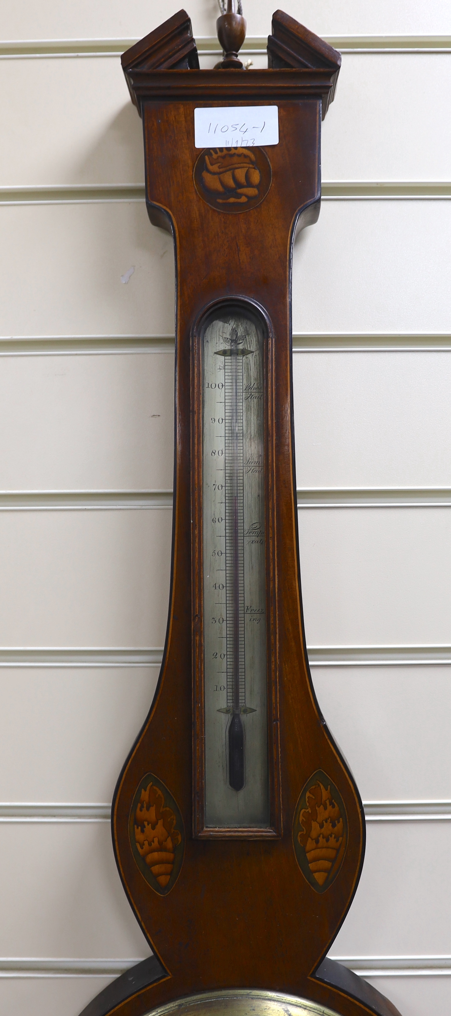 An early 19th century inlaid mahogany wheel barometer, marked Dubini, London, height 100cm